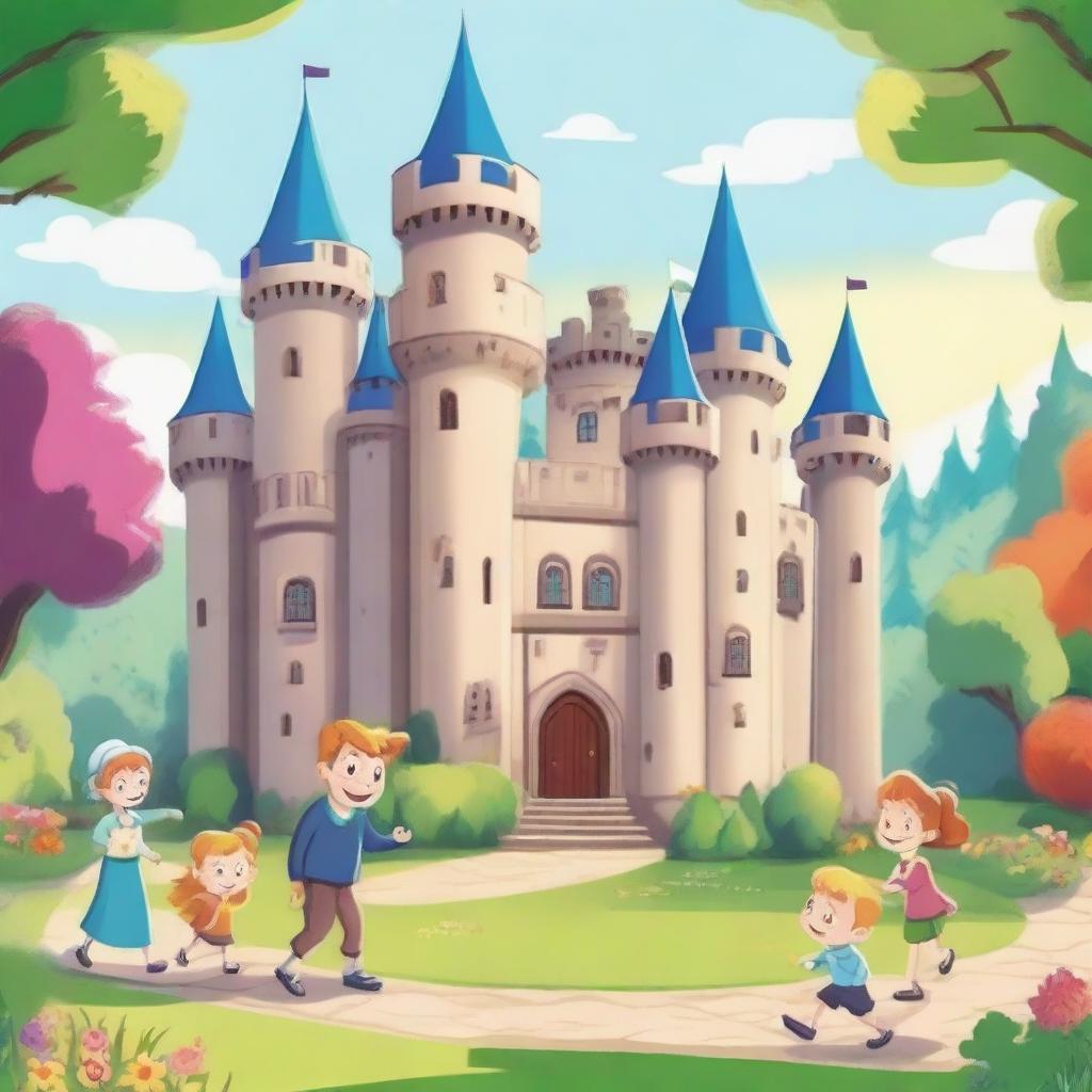 A colorful cartoon scene depicting two men living in a huge castle with their family