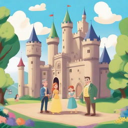 A colorful cartoon scene depicting two men living in a huge castle with their family