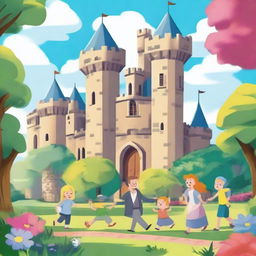 A colorful cartoon scene depicting two men living in a huge castle with their family