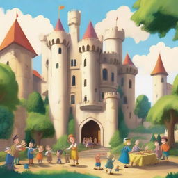 A vibrant cartoon scene depicting the lives of two men living in a huge castle with their families