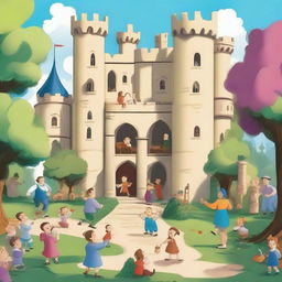 A vibrant cartoon scene depicting the lives of two men living in a huge castle with their families