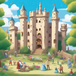 A vibrant cartoon scene depicting the lives of two men living in a huge castle with their families