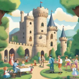 A vibrant cartoon scene depicting the lives of two men living in a huge castle with their families