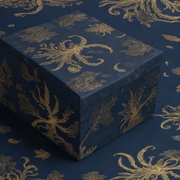 A packaging box pattern design featuring elements of nature in a romantic H.P Lovecraft dystopian theme. The layout is awash with a navy blue background featuring striking golden highlights. 4k resolution.