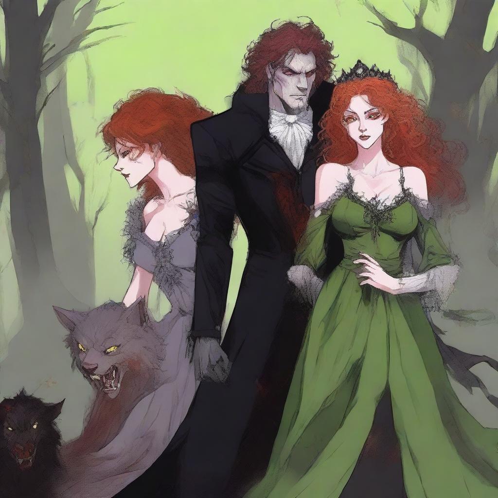 An adult female vampire stands on the left, with acid green eyes and short curly bloody red hair