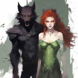 An adult female vampire stands on the left, with acid green eyes and short curly bloody red hair