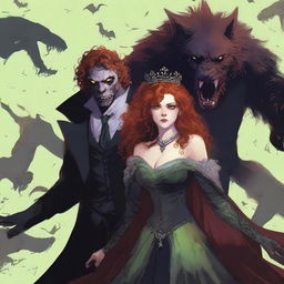 An adult female vampire stands on the left, with acid green eyes and short curly bloody red hair