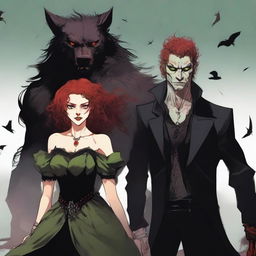 An adult female vampire stands on the left, with acid green eyes and short curly bloody red hair