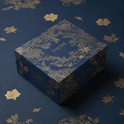 A packaging box pattern design featuring elements of nature in a romantic H.P Lovecraft dystopian theme. The layout is awash with a navy blue background featuring striking golden highlights. 4k resolution.