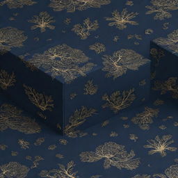 A packaging box pattern design featuring elements of nature in a romantic H.P Lovecraft dystopian theme. The layout is awash with a navy blue background featuring striking golden highlights. 4k resolution.