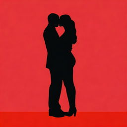 Two people kissing, their bodies are a solid color of black, and the background is a solid red color