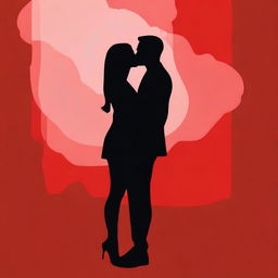 Two people kissing, their bodies are a solid color of black, and the background is a solid red color