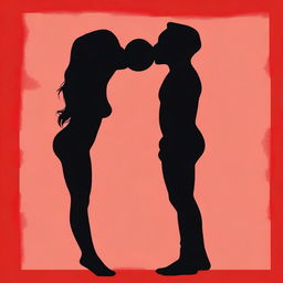 Two people kissing, their bodies are a solid color of black, and the background is a solid red color