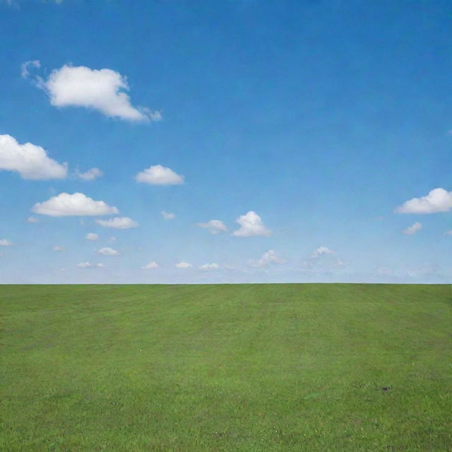 A vibrant, lush green field under a clear, blue sky.