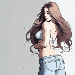 A detailed depiction of a girl with long hair, a pronounced posterior, and a thin, muscular waist