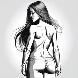 A detailed depiction of a girl with long hair, a pronounced posterior, and a thin, muscular waist