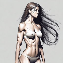 A detailed depiction of a girl with long hair, a pronounced posterior, and a thin, muscular waist