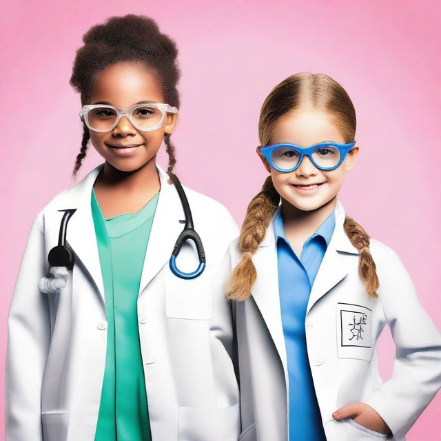 A scene featuring two girls, one dressed as a scientist with a lab coat and safety goggles, and the other as a model wearing stylish and fashionable clothes