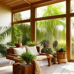 A serene, naturally-inspired living room featuring lush indoor plants, warm earth-tones, and large windows allowing ample light to filter in, highlighting sustainable wooden furniture.