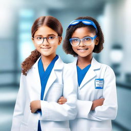 A scene featuring two girls, one dressed as a scientist with a lab coat and safety goggles, and the other as a model wearing stylish and fashionable clothes