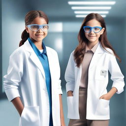 A scene featuring two girls, one dressed as a scientist with a lab coat and safety goggles, and the other as a model wearing stylish and fashionable clothes