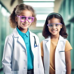 A scene featuring two girls, one dressed as a scientist with a lab coat and safety goggles, and the other as a model wearing stylish and fashionable clothes