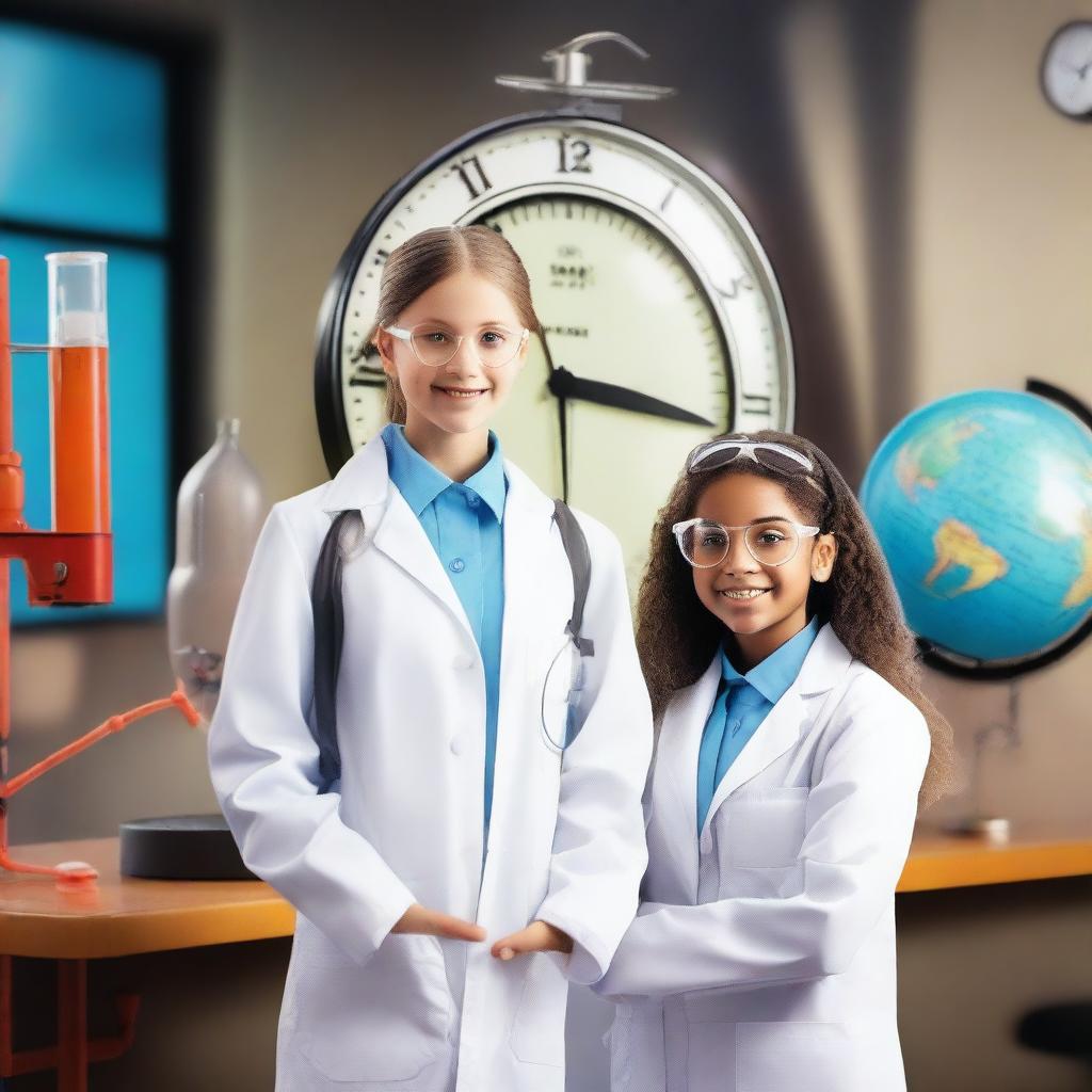 A scene featuring a large clock in the background with two girls standing in front of it