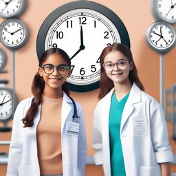 A scene featuring a large clock in the background with two girls standing in front of it