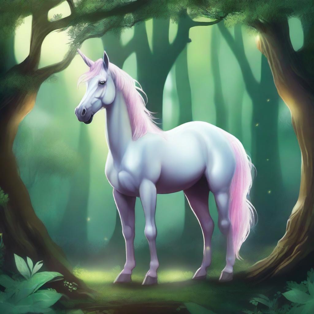 Create a detailed image of a mystical unicorn set in a fantasy forest