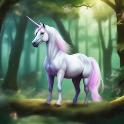 Create a detailed image of a mystical unicorn set in a fantasy forest