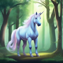 Create a detailed image of a mystical unicorn set in a fantasy forest