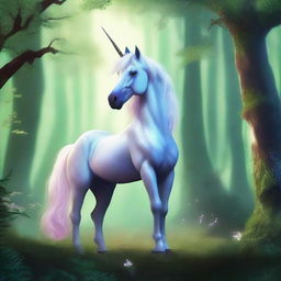 Create a detailed image of a mystical unicorn set in a fantasy forest