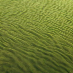 An aerial view of a grass-covered ground, featuring only the grass and small particles of soil