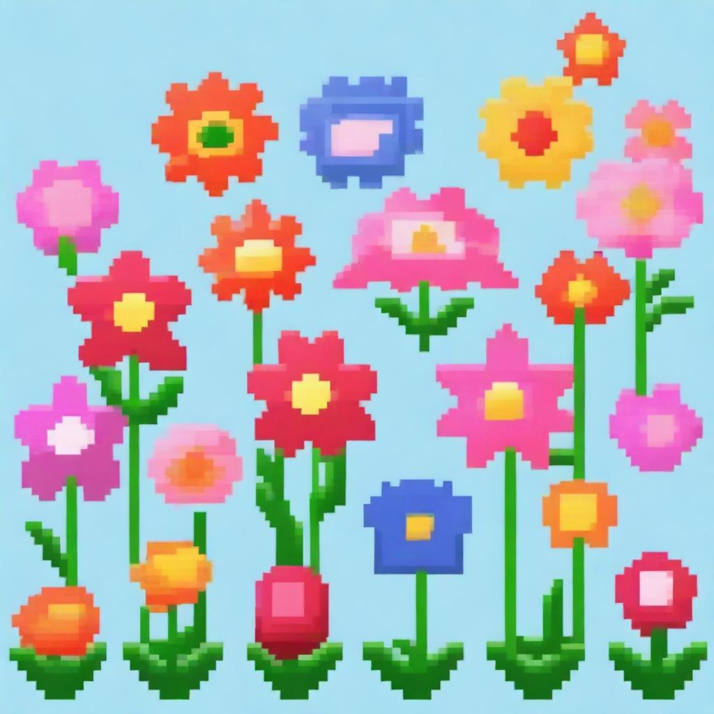 Pixel art style flowers in PNG format