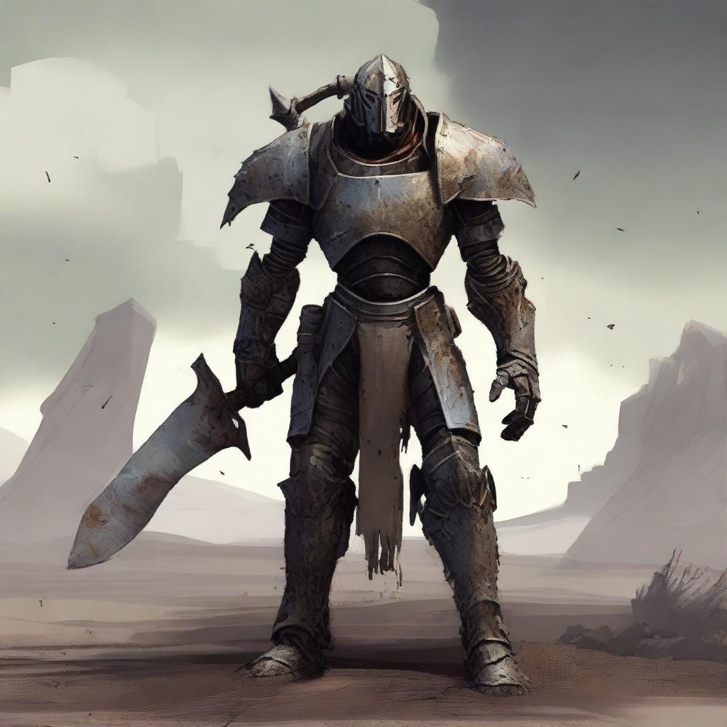 A large dilapidated warforged warrior stands in a desolate battlefield