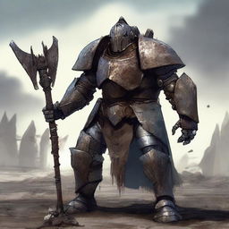 A large dilapidated warforged warrior stands in a desolate battlefield