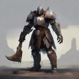 A large dilapidated warforged warrior stands in a desolate battlefield