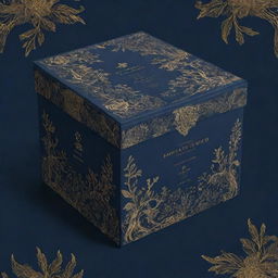 A packaging box pattern design featuring elements of nature in a romantic H.P Lovecraft dystopian theme. The layout is awash with a navy blue background featuring striking golden highlights. 4k resolution.