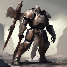 A large dilapidated warforged warrior stands in a desolate battlefield