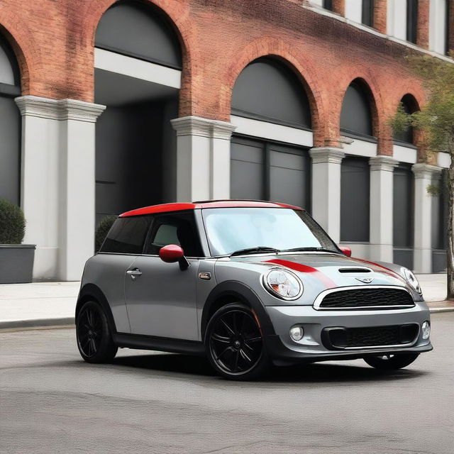 A 2013 Mini Cooper S in metallic grey with a black roof