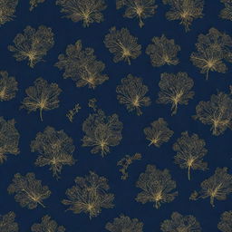 A packaging box pattern design featuring elements of nature in a romantic H.P Lovecraft dystopian theme. The layout is awash with a navy blue background featuring striking golden highlights. 4k resolution.