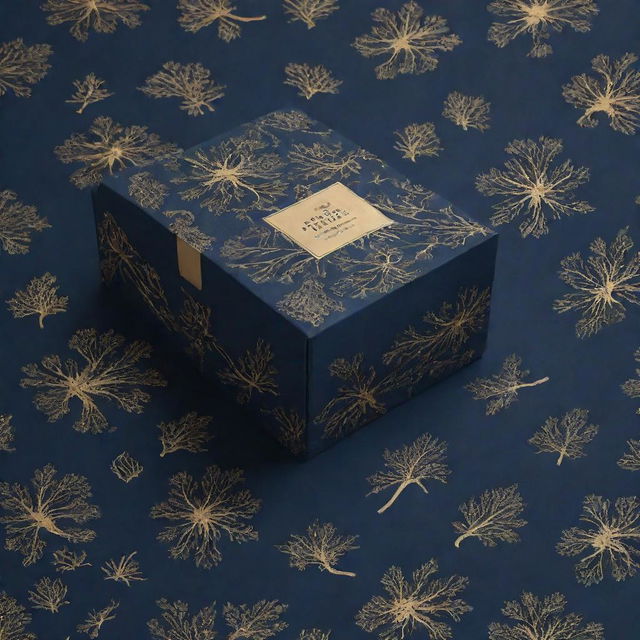 A packaging box pattern design featuring elements of nature in a romantic H.P Lovecraft dystopian theme. The layout is awash with a navy blue background featuring striking golden highlights. 4k resolution.