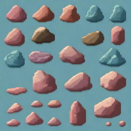 A collection of rocks in pixel art style in PNG format