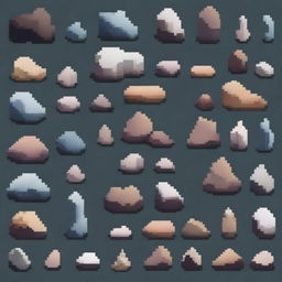 A collection of rocks in pixel art style in PNG format