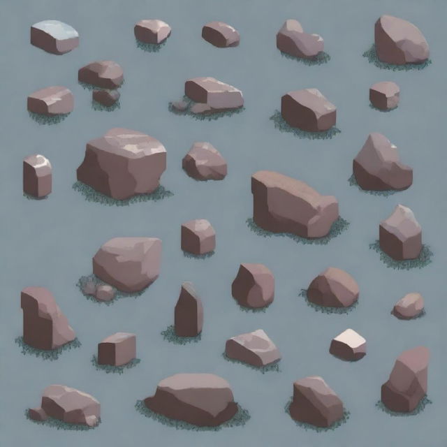 A collection of rocks in pixel art style in PNG format