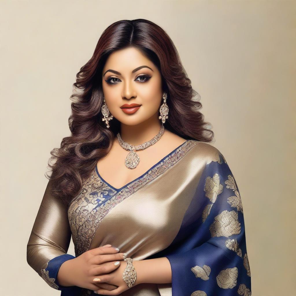 Create an image of Tanushree Dutta in a glamorous and stylish outfit, highlighting her beauty and elegance