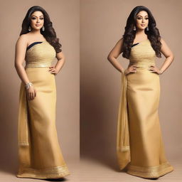 Create an image of Tanushree Dutta in a glamorous and stylish outfit, highlighting her beauty and elegance