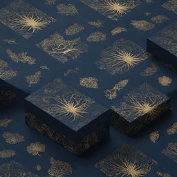 A packaging box pattern design featuring elements of nature in a romantic H.P Lovecraft dystopian theme. The layout is awash with a navy blue background featuring striking golden highlights. 4k resolution.