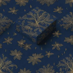 A packaging box pattern design featuring elements of nature in a romantic H.P Lovecraft dystopian theme. The layout is awash with a navy blue background featuring striking golden highlights. 4k resolution.