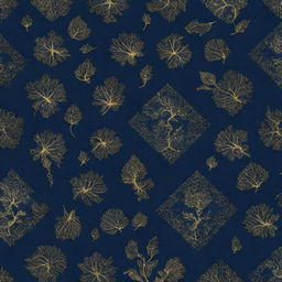 A packaging box pattern design featuring elements of nature in a romantic H.P Lovecraft dystopian theme. The layout is awash with a navy blue background featuring striking golden highlights. 4k resolution.